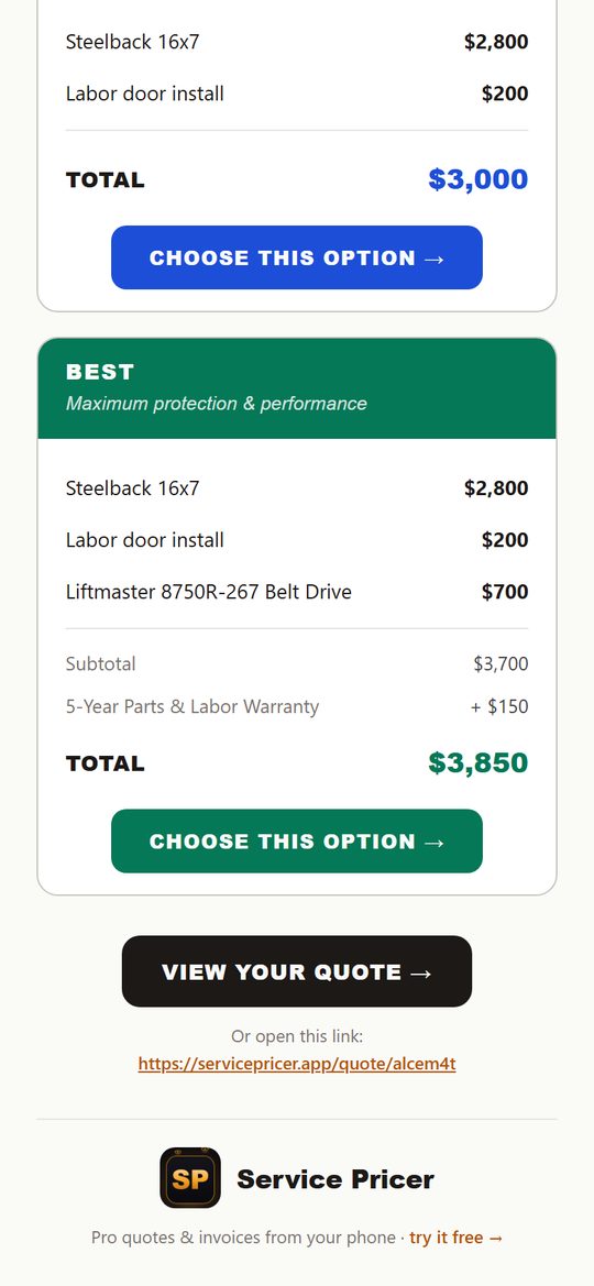Email Customer: They tap the option they want