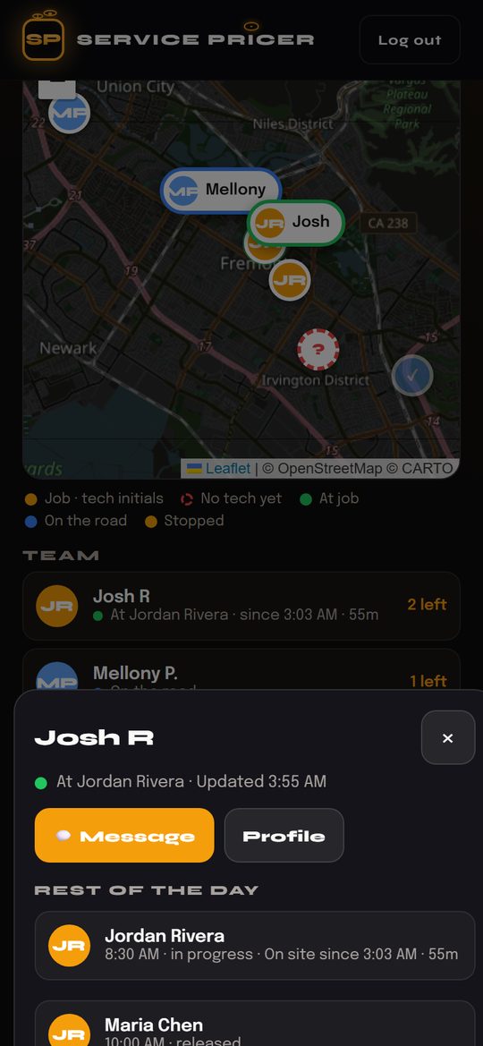 Schedule Job: Tech: rest of day, message, profile